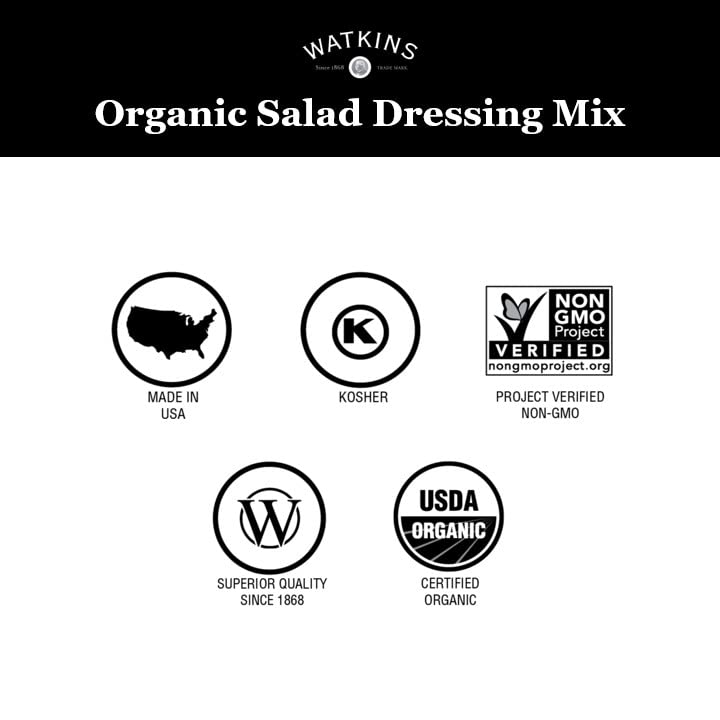 Watkins Dressing Mix made in the USA with kosher certification.