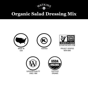 Watkins Dressing Mix made in the USA with kosher certification.