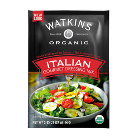 Close-up of Watkins Organic Italian Dressing Mix packaging showing organic quality.