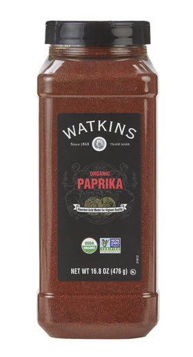 Watkins Organic Paprika bulk bottle showing vibrant color and premium quality for stews and sauces