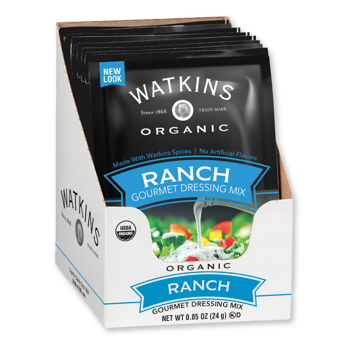 Watkins Organic Ranch Dressing Mix box with single-use packets.
