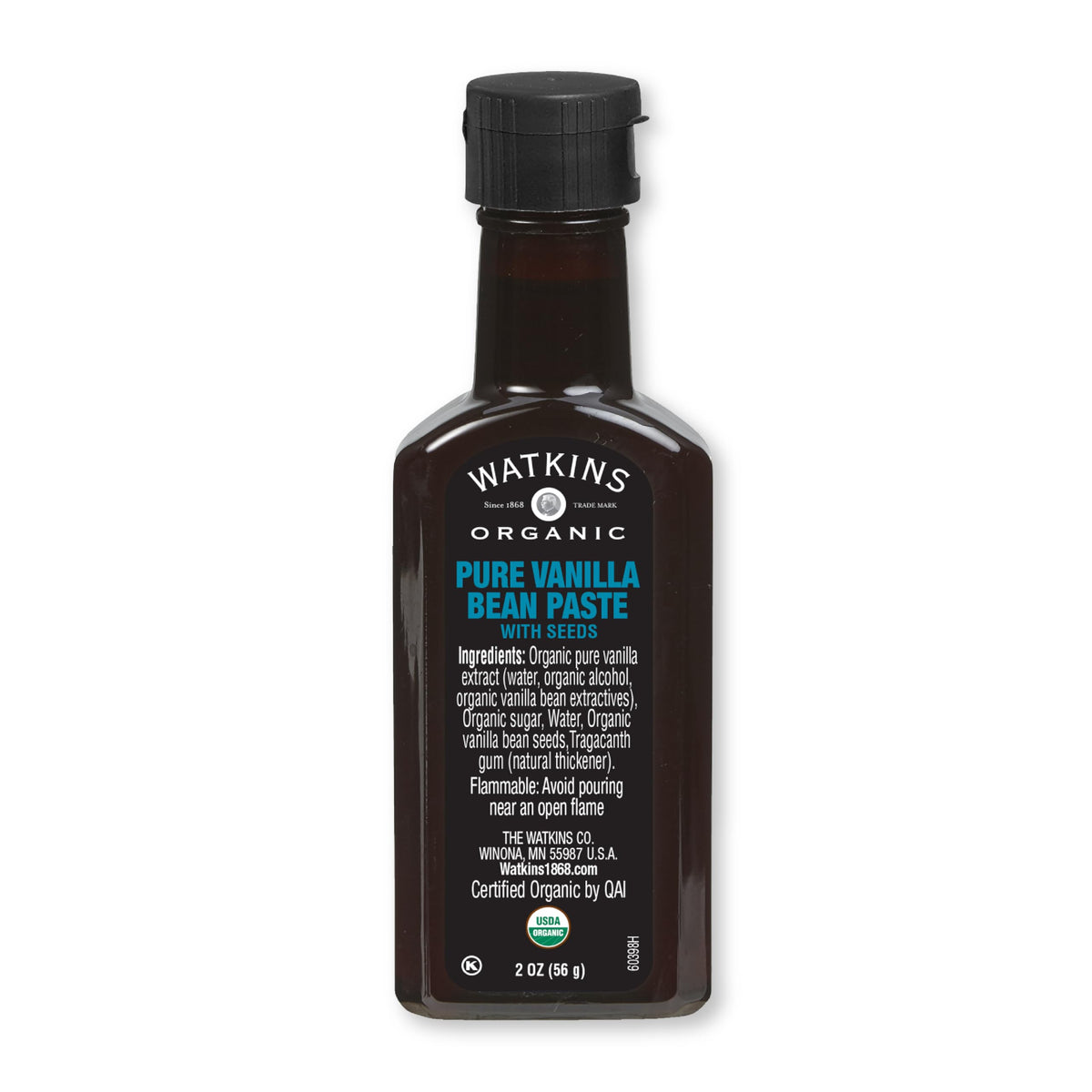 Watkins Organic Vanilla Paste bottle with vanilla bean specks for rich, aromatic flavor.