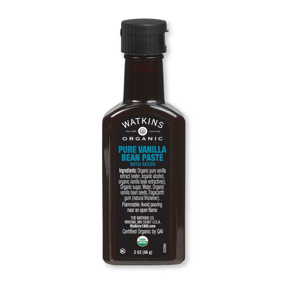 Watkins Organic Vanilla Paste bottle with vanilla bean specks for rich, aromatic flavor.