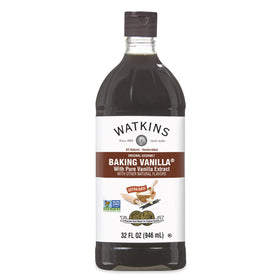 Watkins Original Gourmet Baking Vanilla bottle front label, 32 oz, ideal for large-batch recipes.