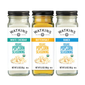Watkins White Cheddar popcorn seasoning adds bold flavor to homemade popcorn.