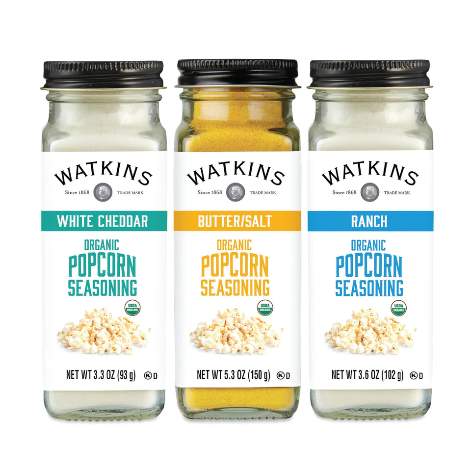 Watkins White Cheddar popcorn seasoning adds bold flavor to homemade popcorn.