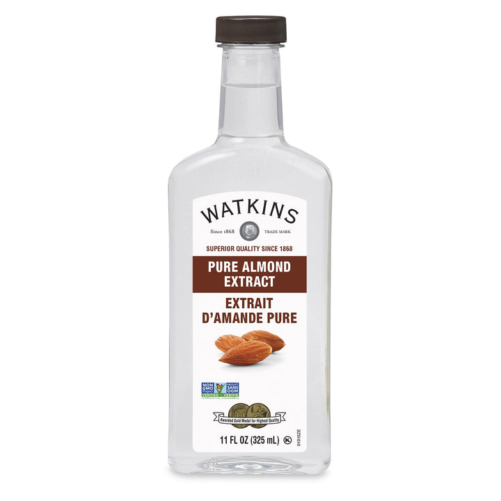 Watkins Pure Almond Extract 11 oz bottle pour for baking and beverages