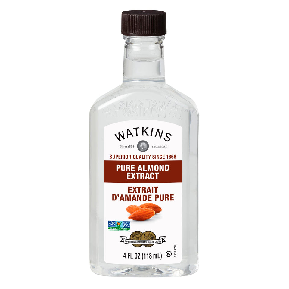 Watkins Pure Almond Extract 4oz bottle — pure flavor for baking and drinks.