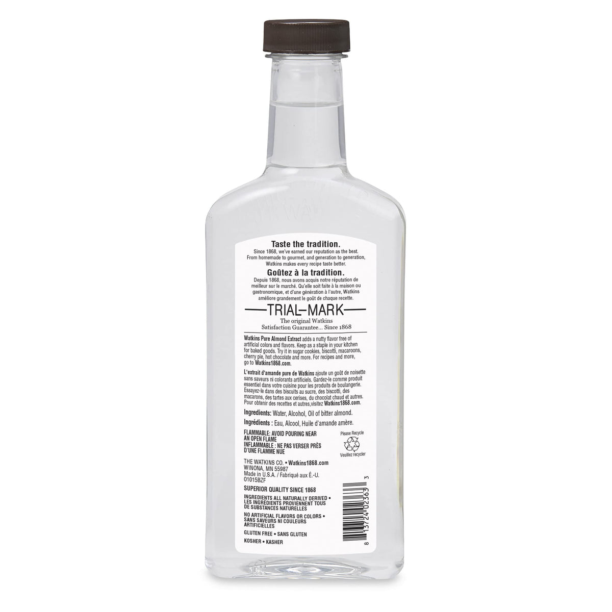 Watkins Pure Almond Extract label closeup showing pure natural oils