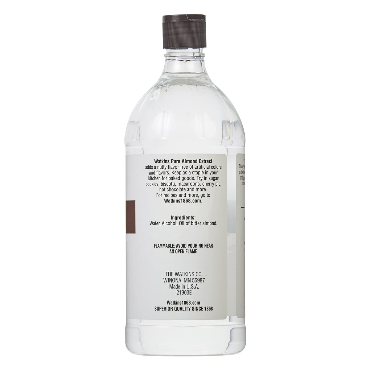 Watkins almond extract label close-up showing pure ingredients