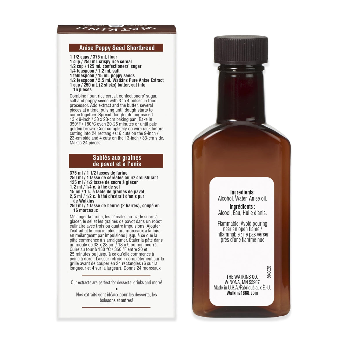 Close-up of Watkins Pure Anise Extract label highlighting natural ingredients