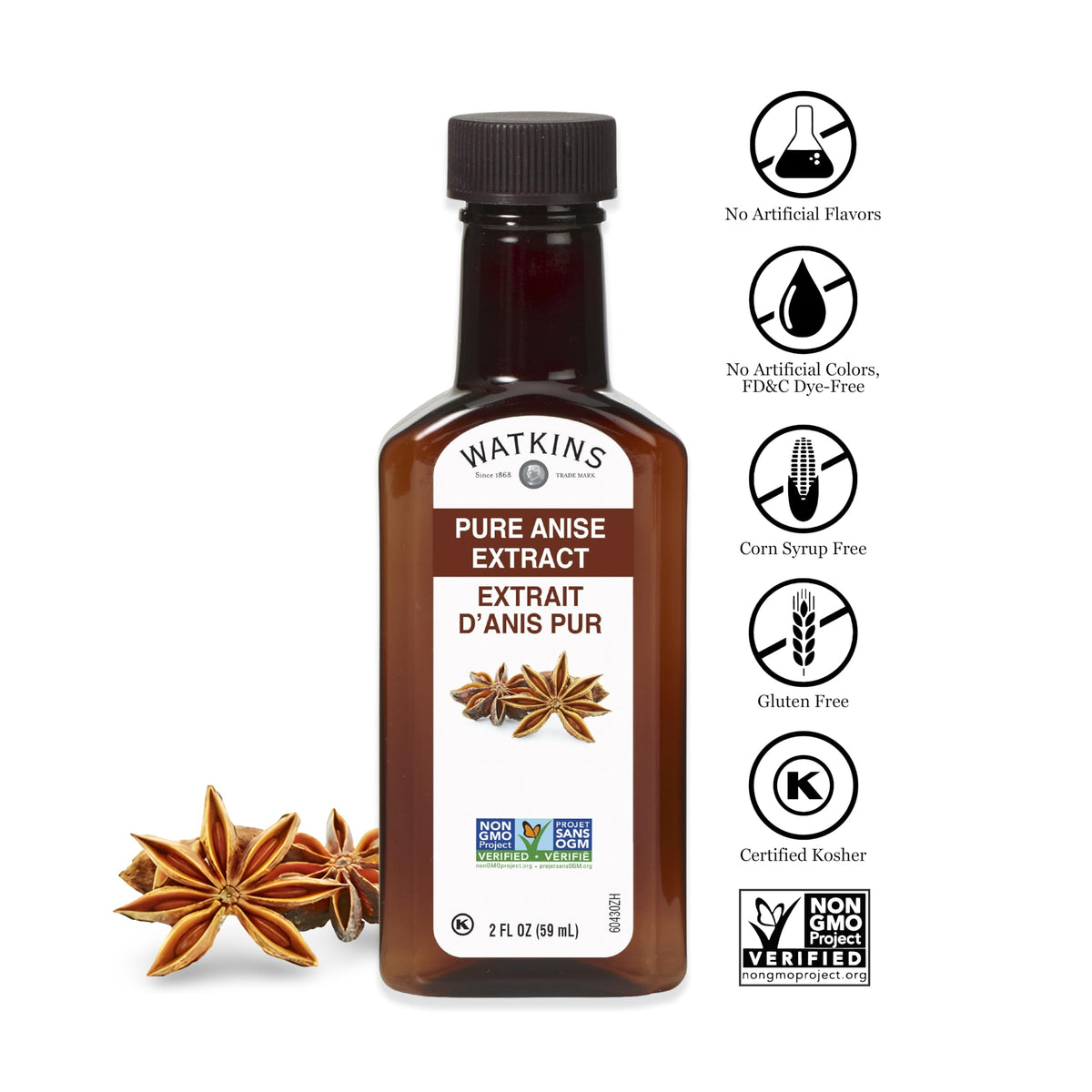 Watkins Pure Anise Extract 2 oz bottle on kitchen shelf for easy baking prep
