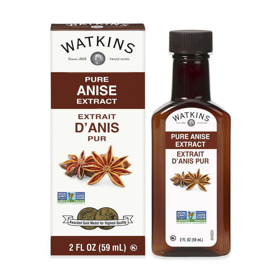 Watkins Pure Anise Extract 2 oz bottle pouring for baking and drinks