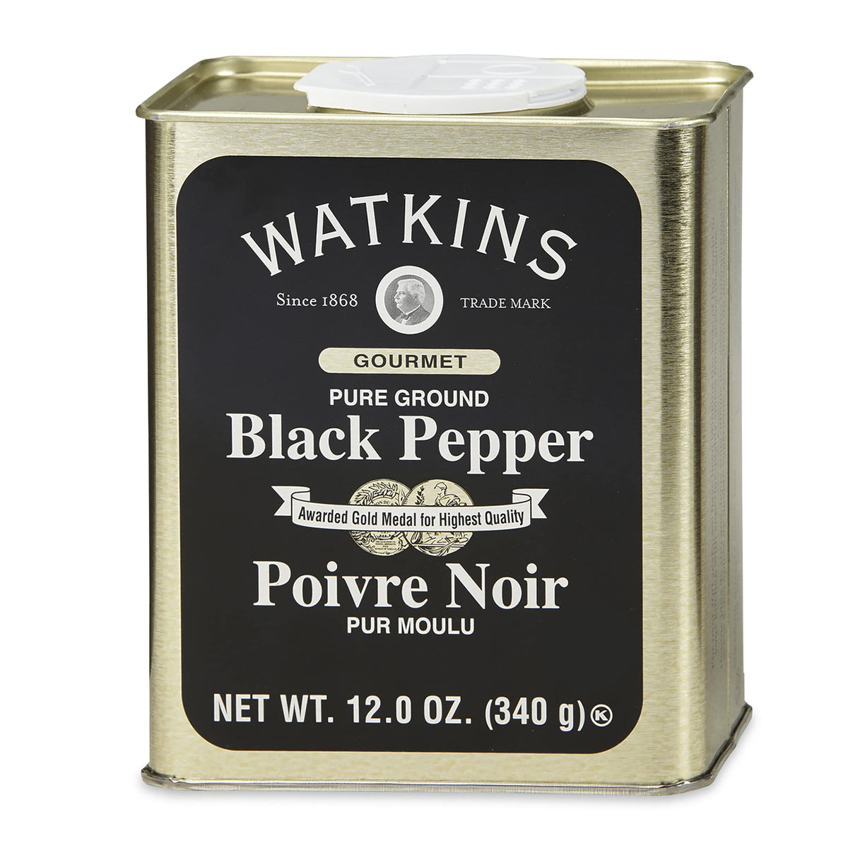 Watkins Pure Ground Black Pepper tin ready for everyday seasoning.