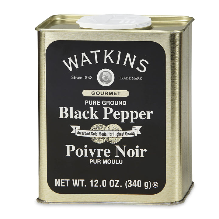 Watkins Pure Ground Black Pepper tin ready for everyday seasoning.