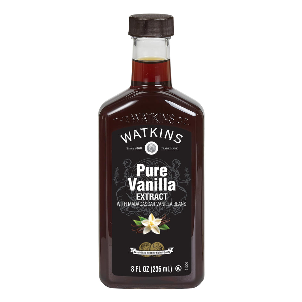 Watkins Pure Vanilla Extract 8oz bottle label showing premium Madagascar vanilla for baking and flavor enhancement.