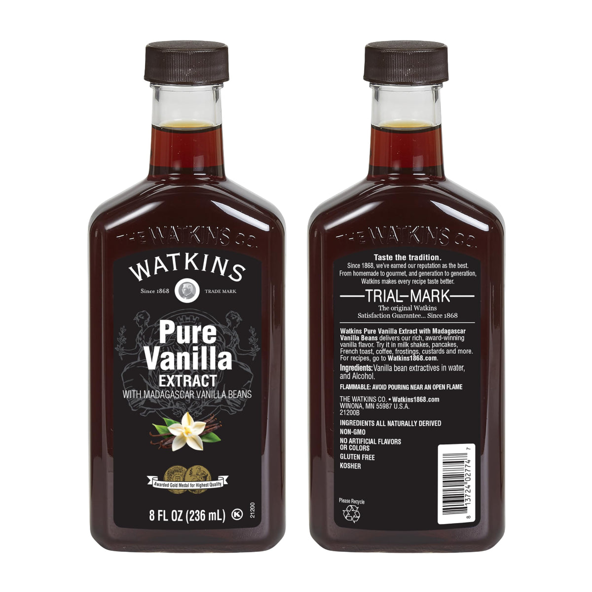 Watkins Pure Vanilla Extract 8oz bottle pour demonstrates convenient use for desserts and beverages.