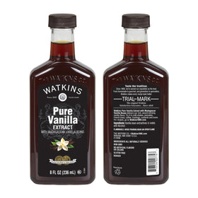 Watkins Pure Vanilla Extract 8oz bottle pour demonstrates convenient use for desserts and beverages.