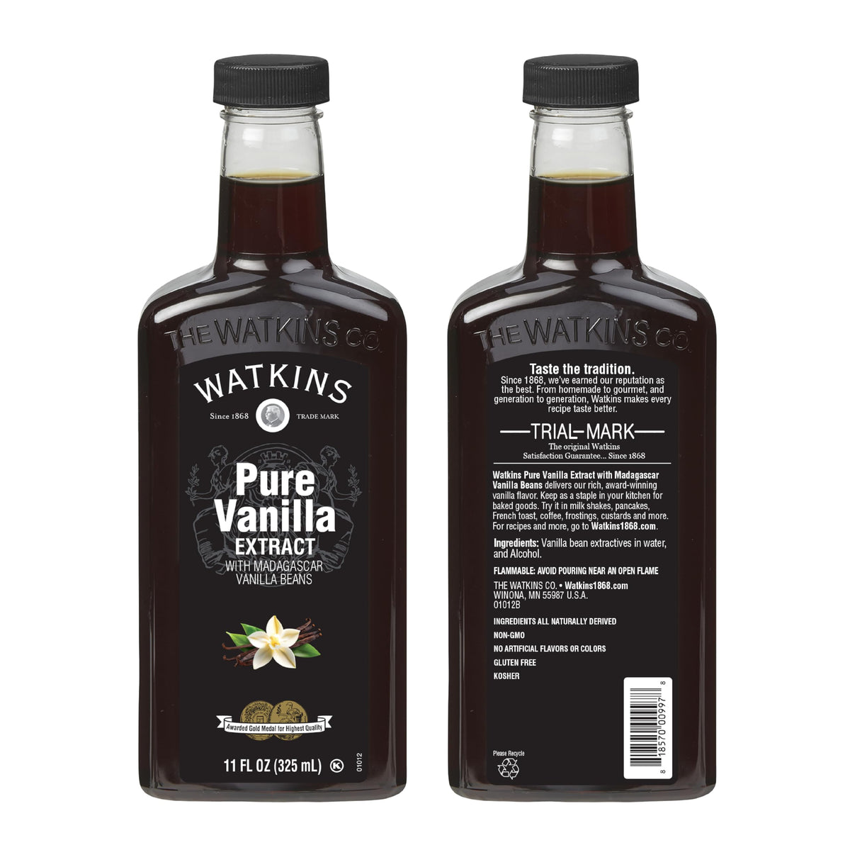 Watkins vanilla extract bottle shows Madagascar beans inside, rich aroma