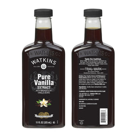 Watkins vanilla extract bottle shows Madagascar beans inside, rich aroma