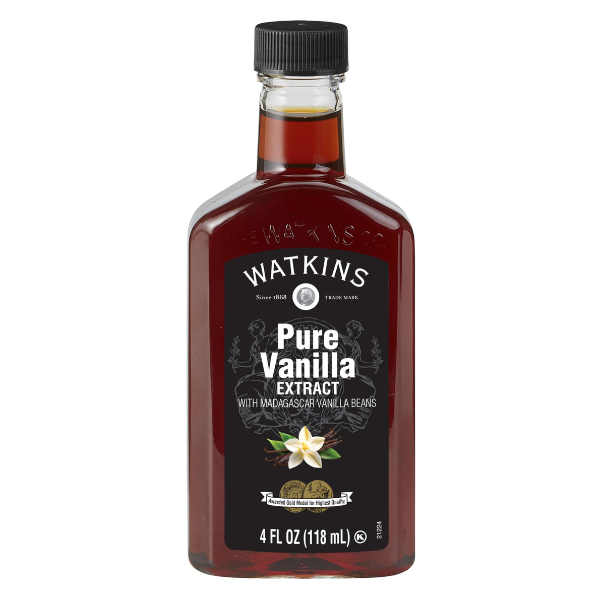 Watkins Pure Vanilla Extract bottle displays Madagascar vanilla for rich flavor.