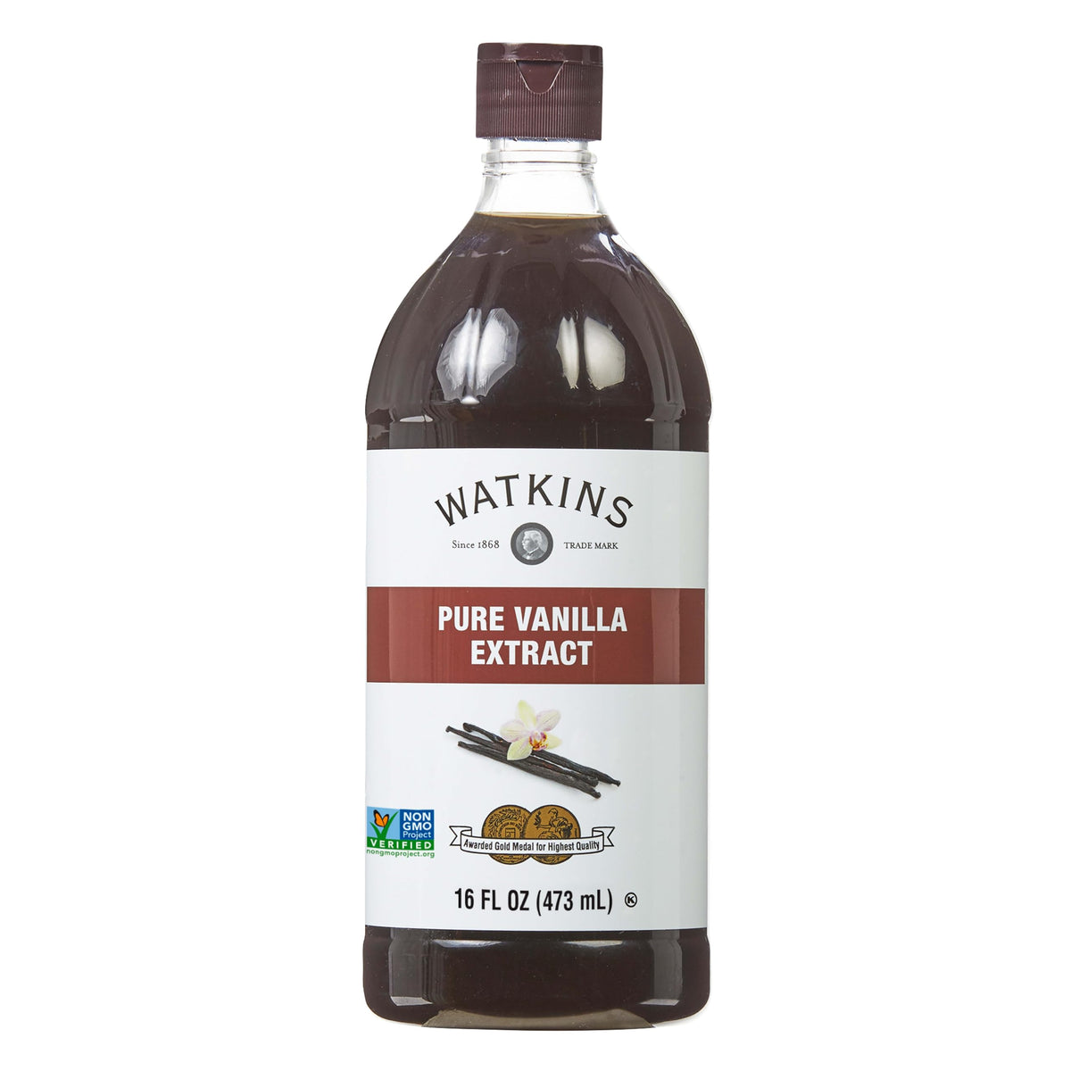 Watkins Pure Vanilla Extract bottle highlighting Madagascar vanilla aroma.