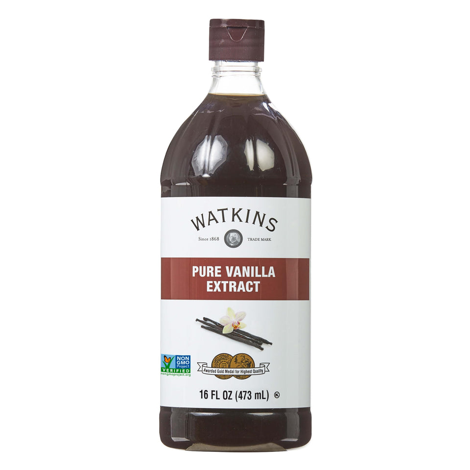 Watkins Pure Vanilla Extract bottle highlighting Madagascar vanilla aroma.