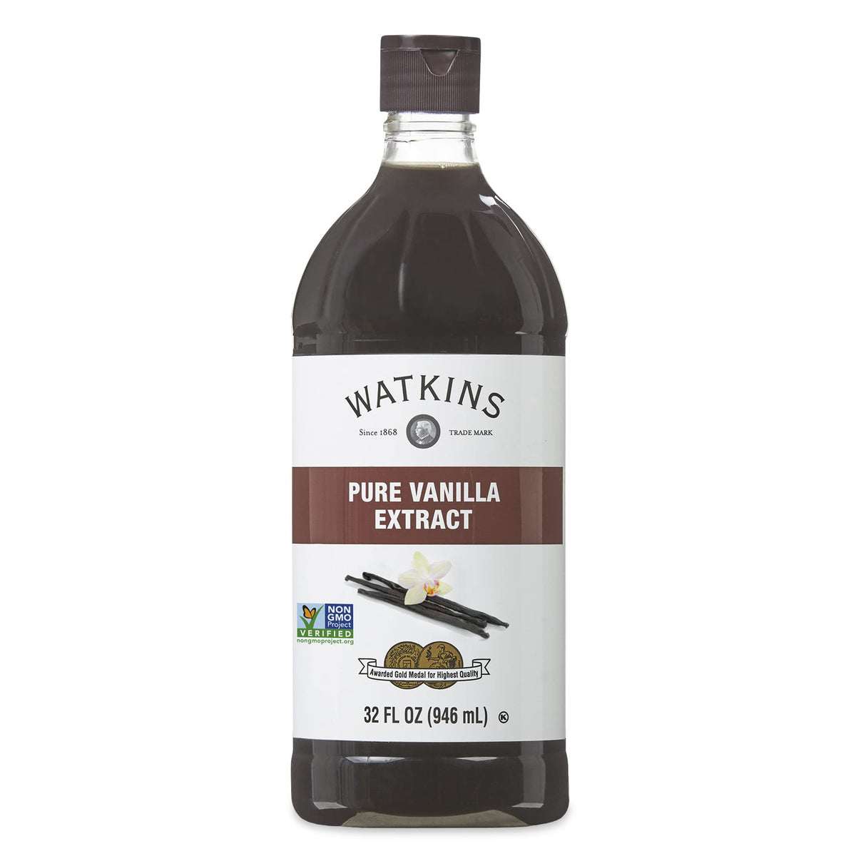 Watkins Pure Vanilla Extract bottle with Madagascar vanilla for rich baking flavor.