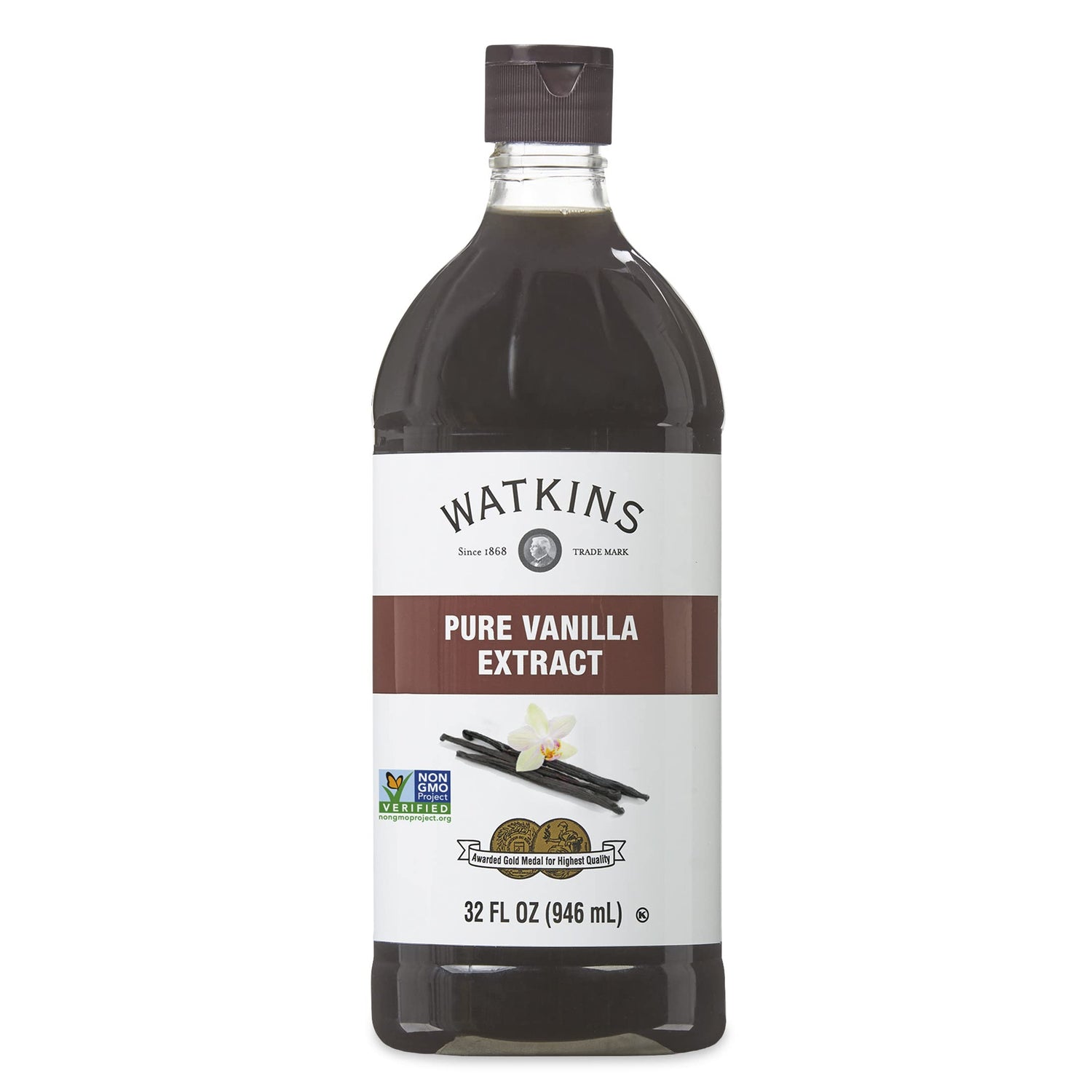 Watkins Pure Vanilla Extract bottle with Madagascar vanilla for rich baking flavor.