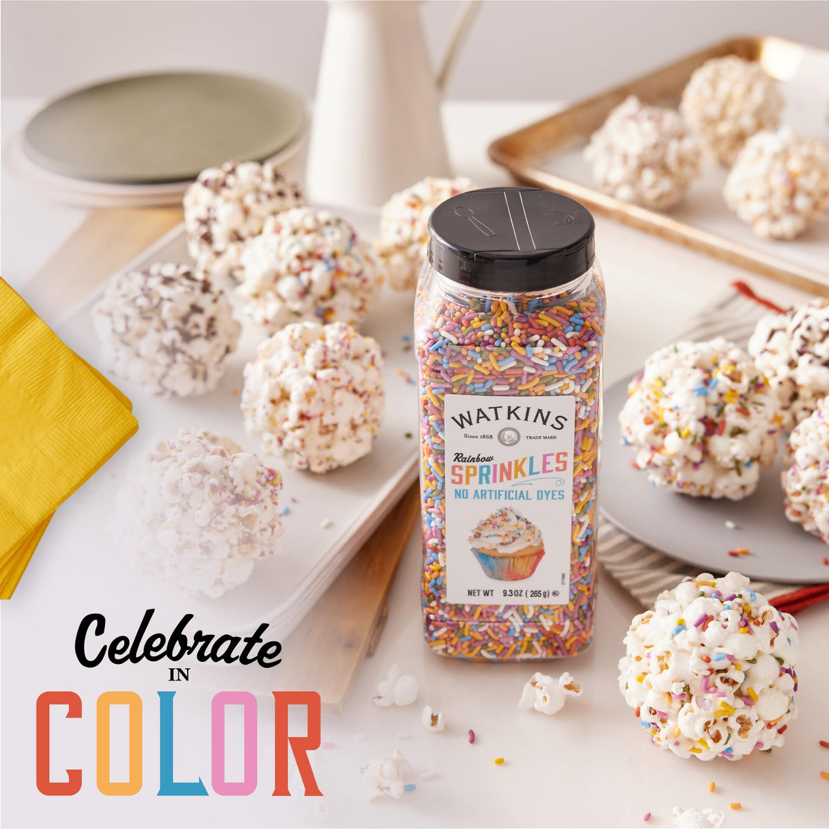 Watkins Rainbow Sprinkles topping donuts for colorful, playful texture
