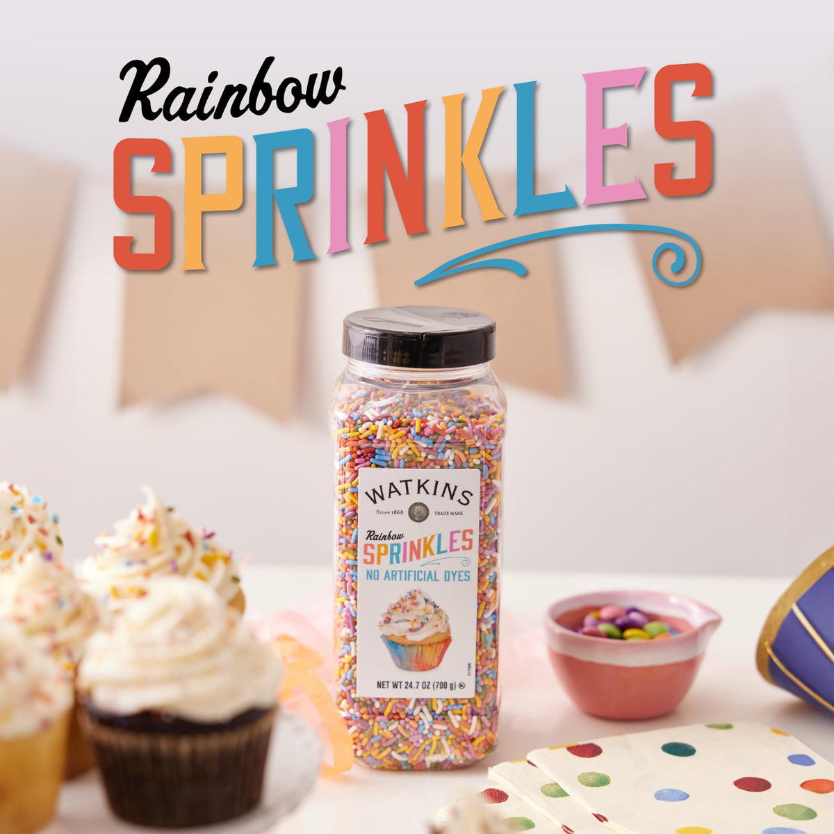 Pancakes topped with Watkins Rainbow Sprinkles for a playful breakfast.