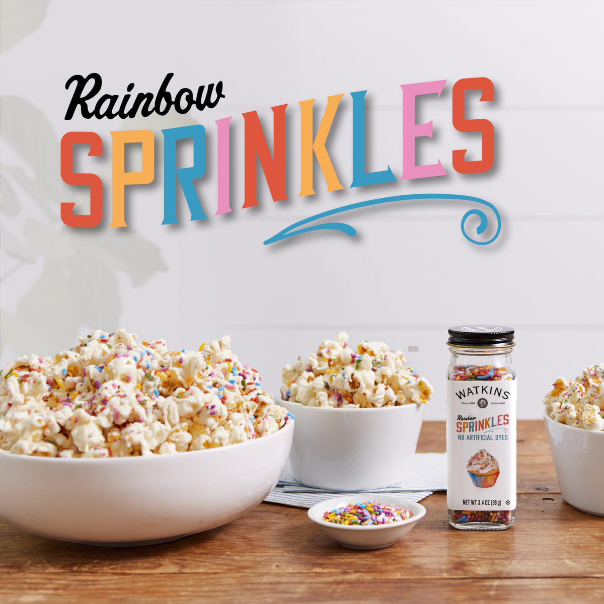 Watkins Rainbow Sprinkles jar pour enables precise decorating on treats