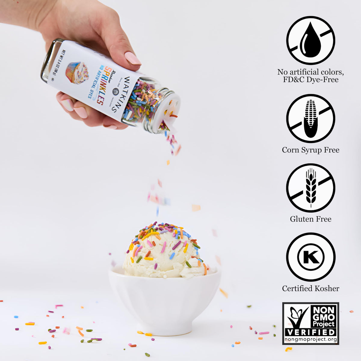 Watkins Rainbow Sprinkles on cookies showcase vivid colors for finishing touches