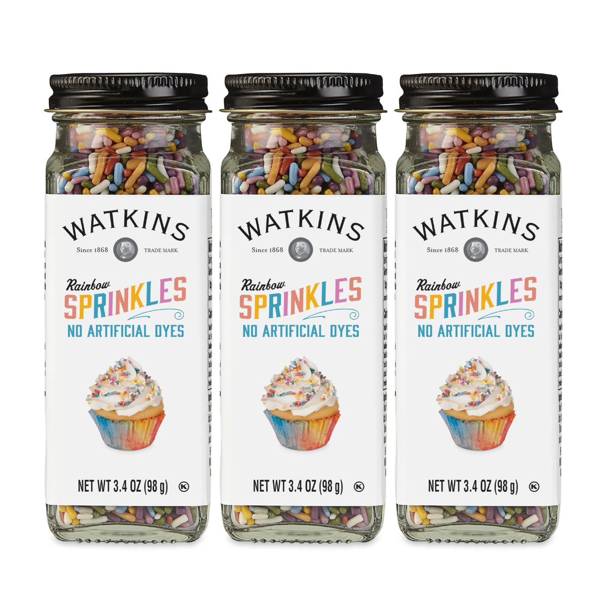 Watkins Rainbow Sprinkles three-pack front display adds vibrant colors to desserts