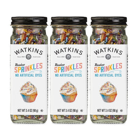 Watkins Rainbow Sprinkles three-pack front display adds vibrant colors to desserts