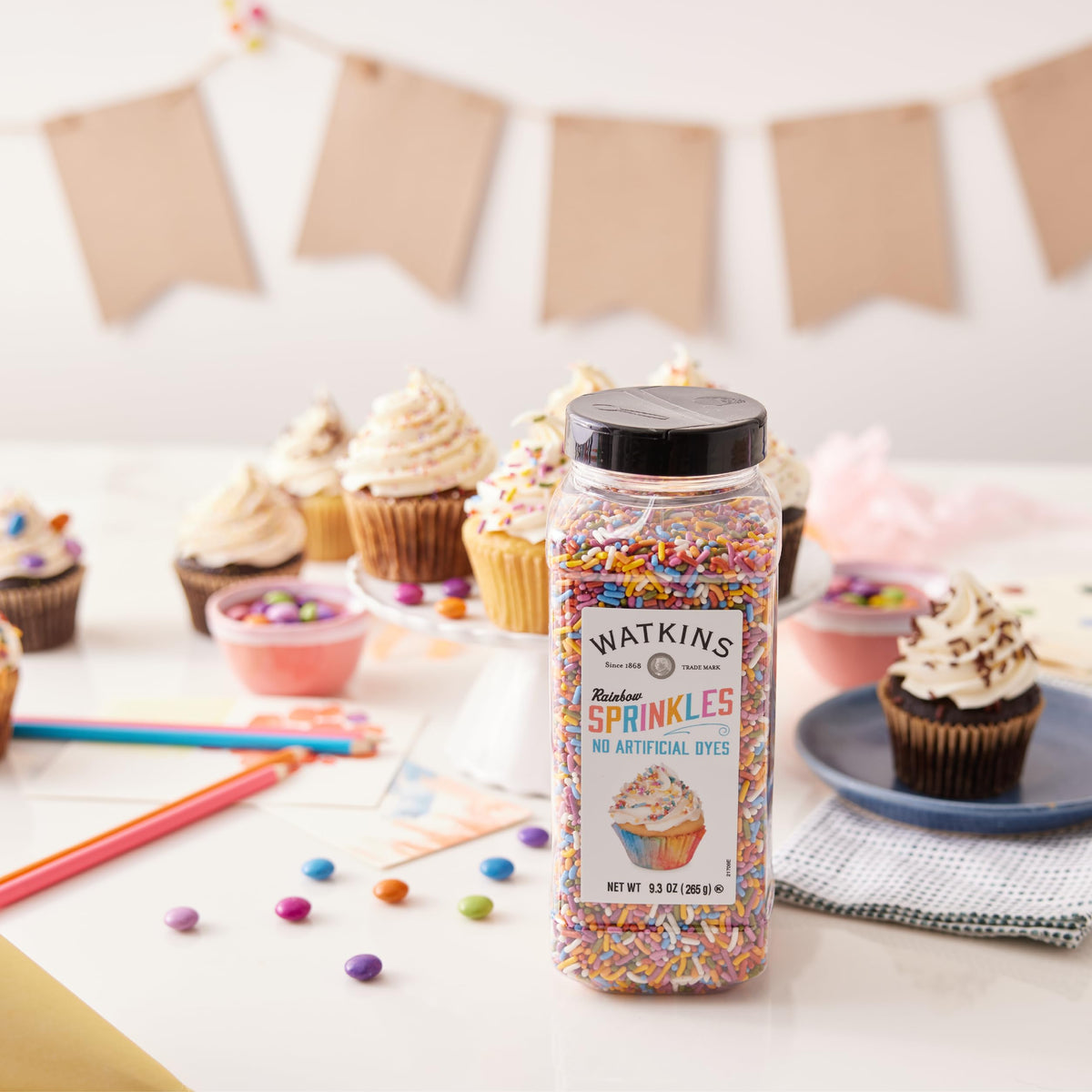 Watkins Rainbow Sprinkles packaging, USA-made, ready for home bakers