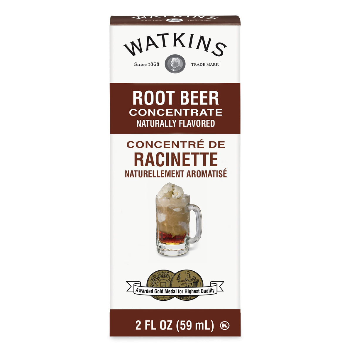 Watkins Root Beer Concentrate bottle front for rich flavor in baking and drinks.
