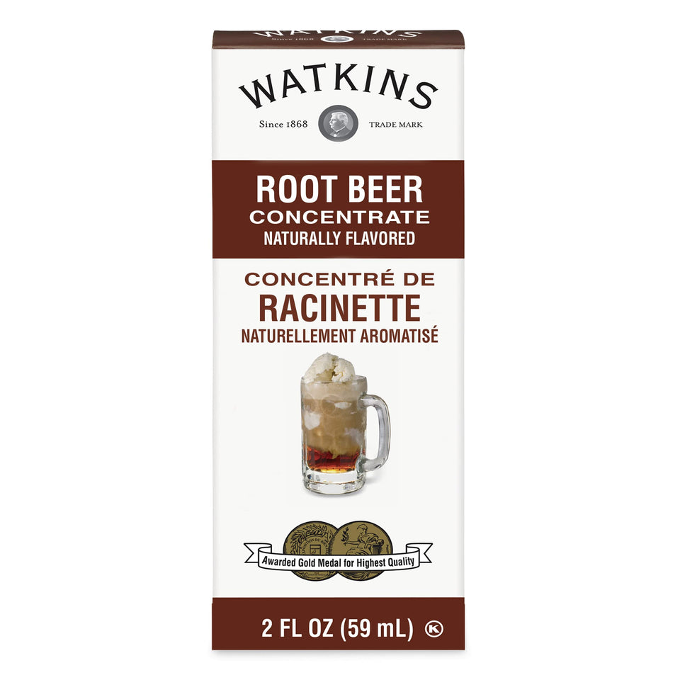 Watkins Root Beer Concentrate bottle front for rich flavor in baking and drinks.