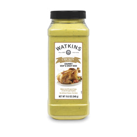 Watkins Chicken Soup and Gravy Base bottle pour for quick stock and sauce prep.