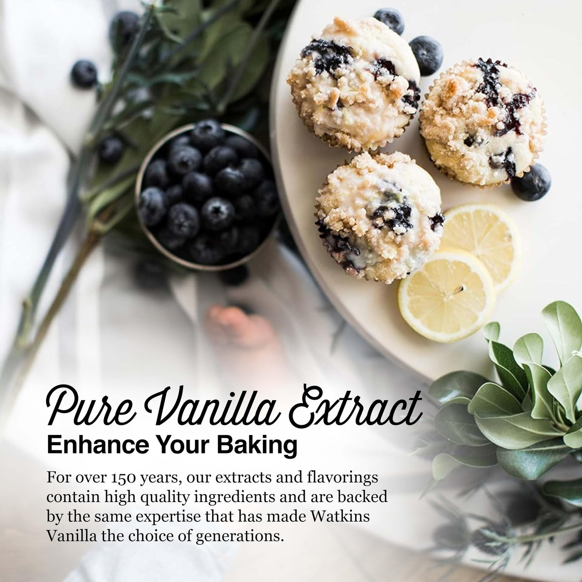 Watkins vanilla extract shown with baking setup for cookies and cakes.