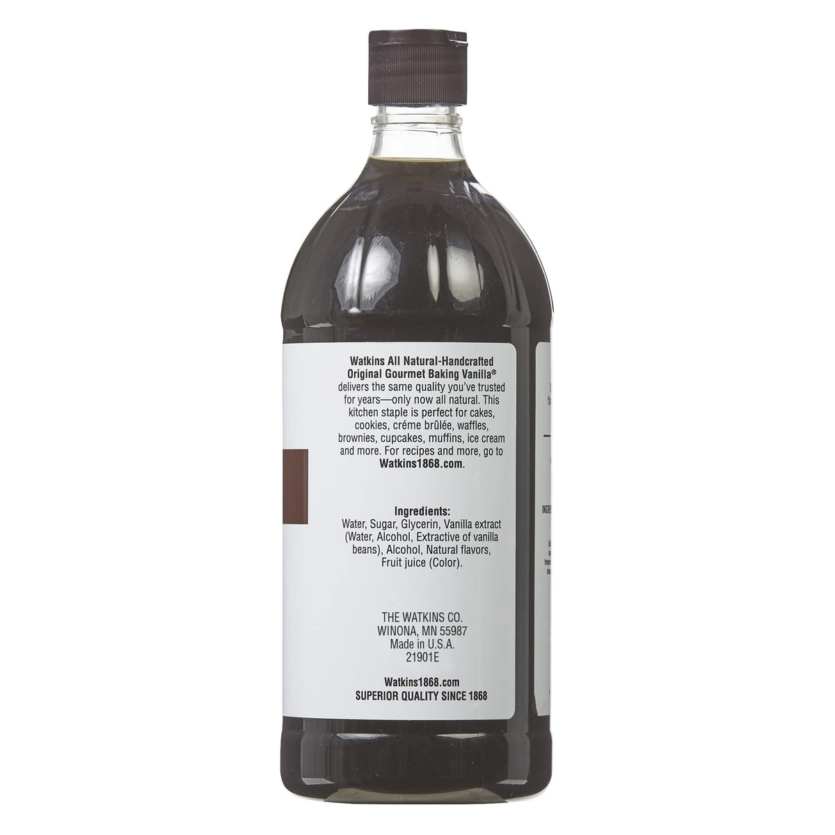 Watkins vanilla extract pour bottle ready for quick, rich flavor enhancement in desserts.