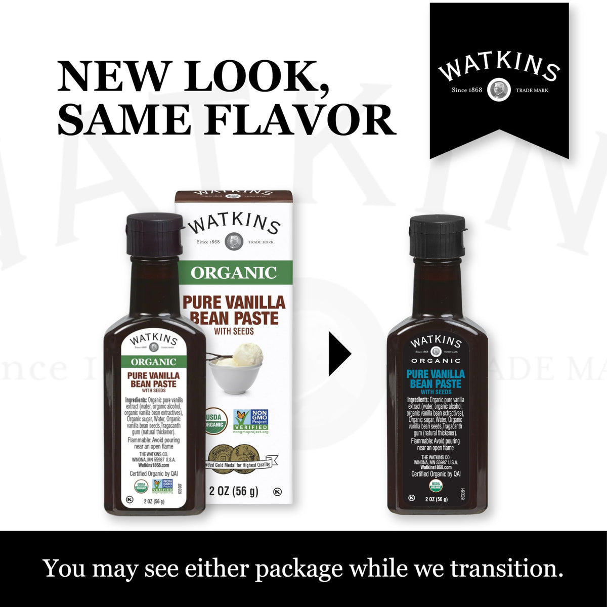 Pour-ready Watkins vanilla paste bottle showing a smooth, controlled pour.
