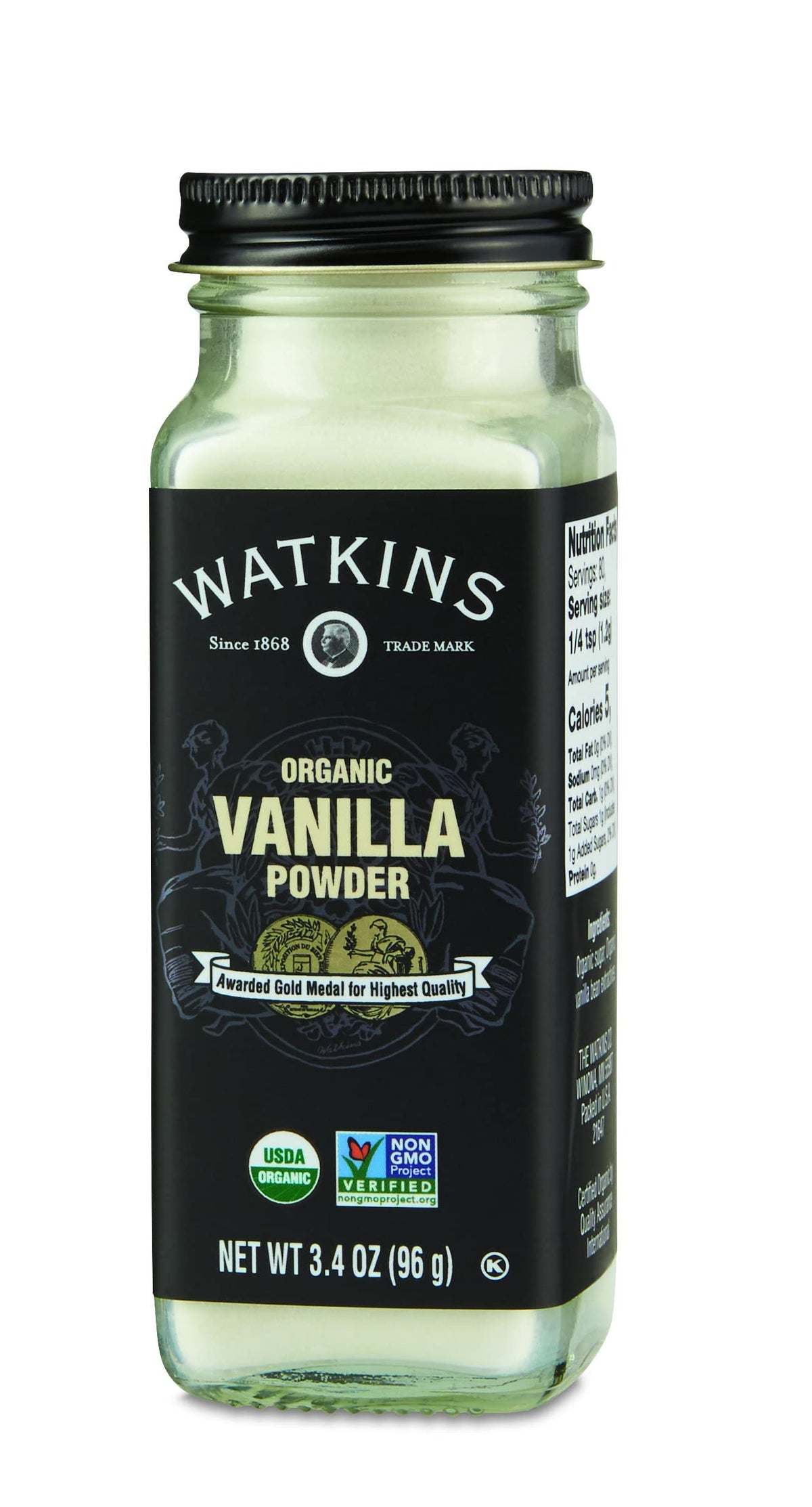Watkins Vanilla Powder bottle with label, emphasizing organic and kosher quality.
