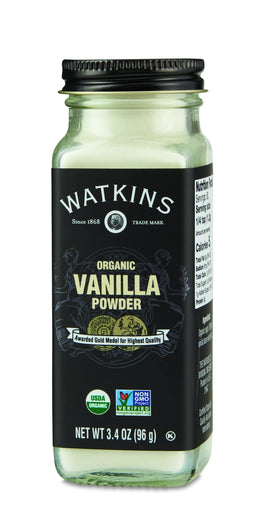 Watkins Vanilla Powder bottle with label, emphasizing organic and kosher quality.