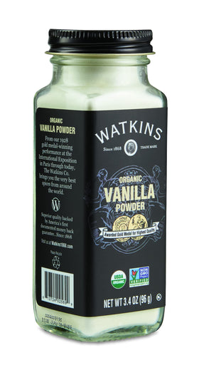 Watkins Organic Vanilla Powder granules close-up, signaling pure flavor.
