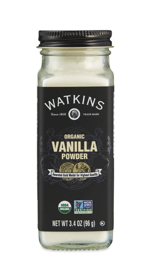 Watkins Organic Vanilla Powder jar, ideal for baking desserts.