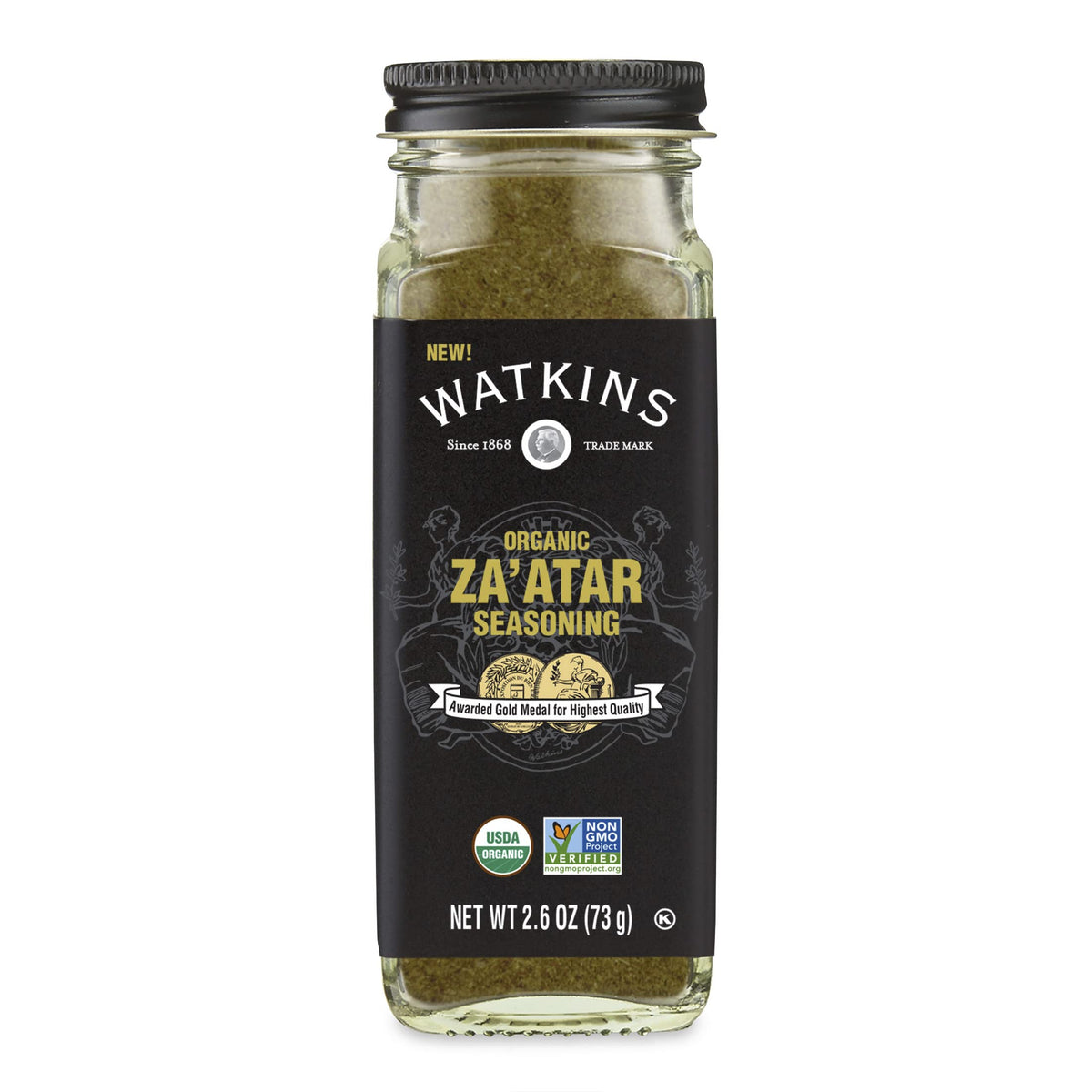 Watkins Zaatar spice mix jar front showcases organic seasoning for flavorful meals