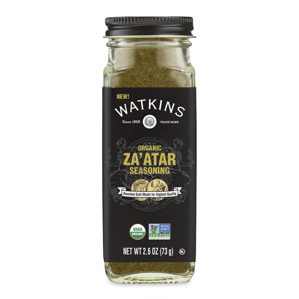 Watkins Zaatar spice mix jar front showcases organic seasoning for flavorful meals