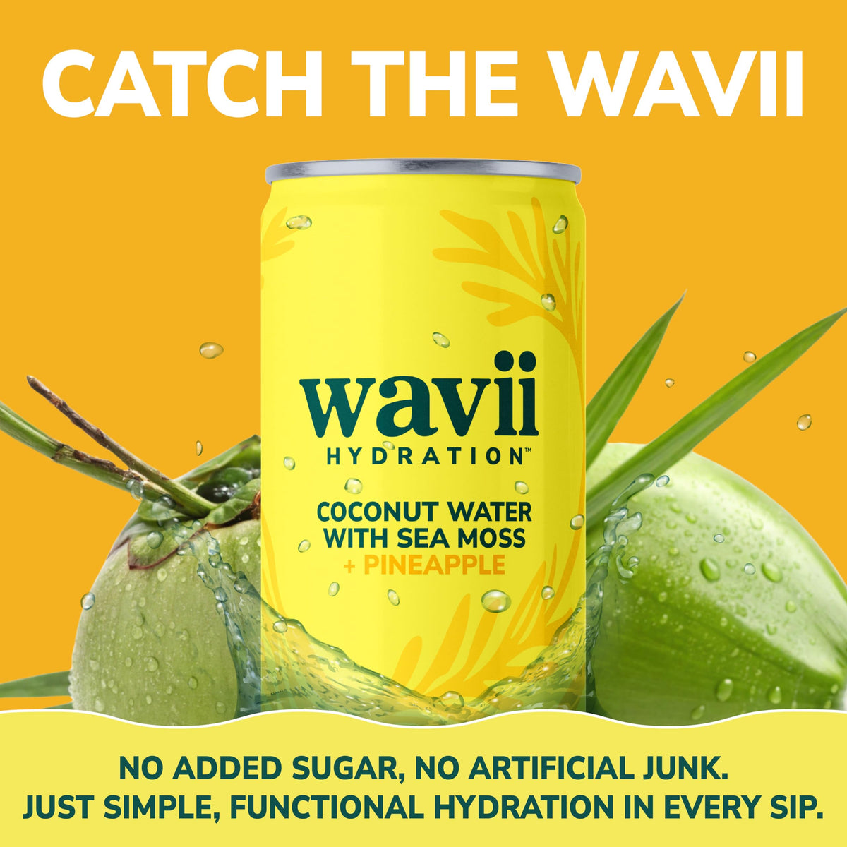 Wavii cans tilted to show pineapple-infused hydration ready to sip