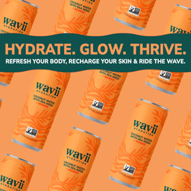 Chilled Wavii can tilted to reveal mango flavor and tropical notes.